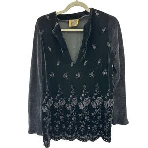 Vtg Lianne Barnes‎ Romantic Velvet Floral Embroidered Tunic Top Black Gothic
